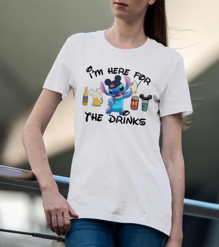 I'm Here For The Drinks Disney Stitch Hat Beer Cocktails T-Shirt