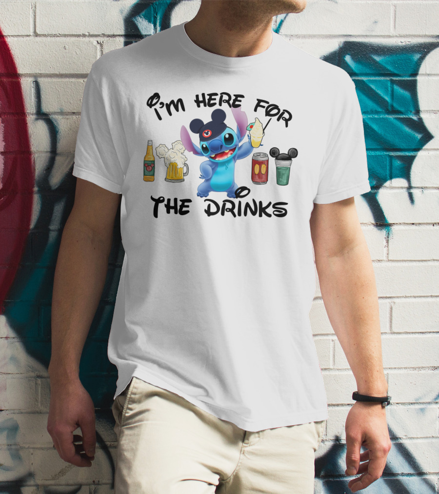 I'm Here For The Drinks Disney Stitch Hat Beer Cocktails T-Shirt