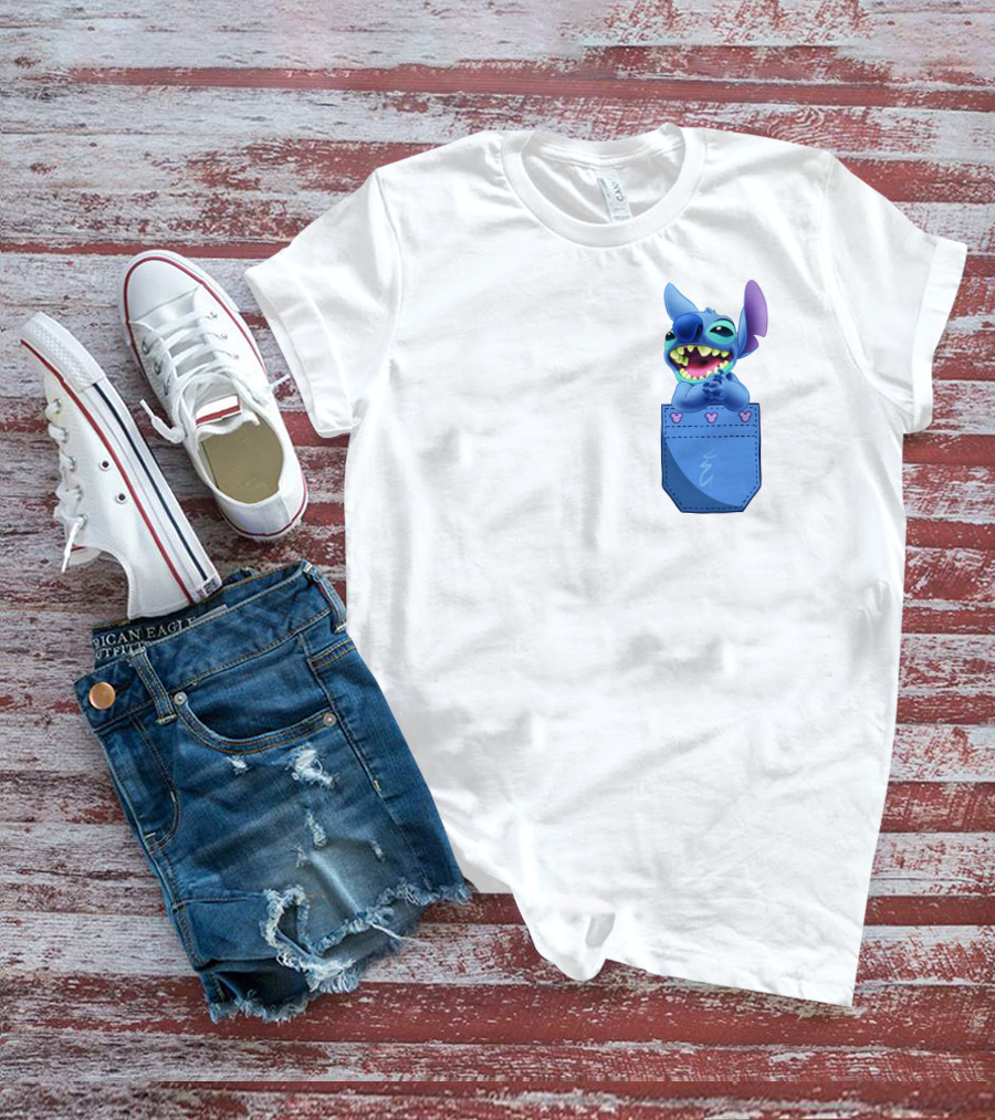 Stitch Pocket Smiling Face With Purple Ears T-Shirt