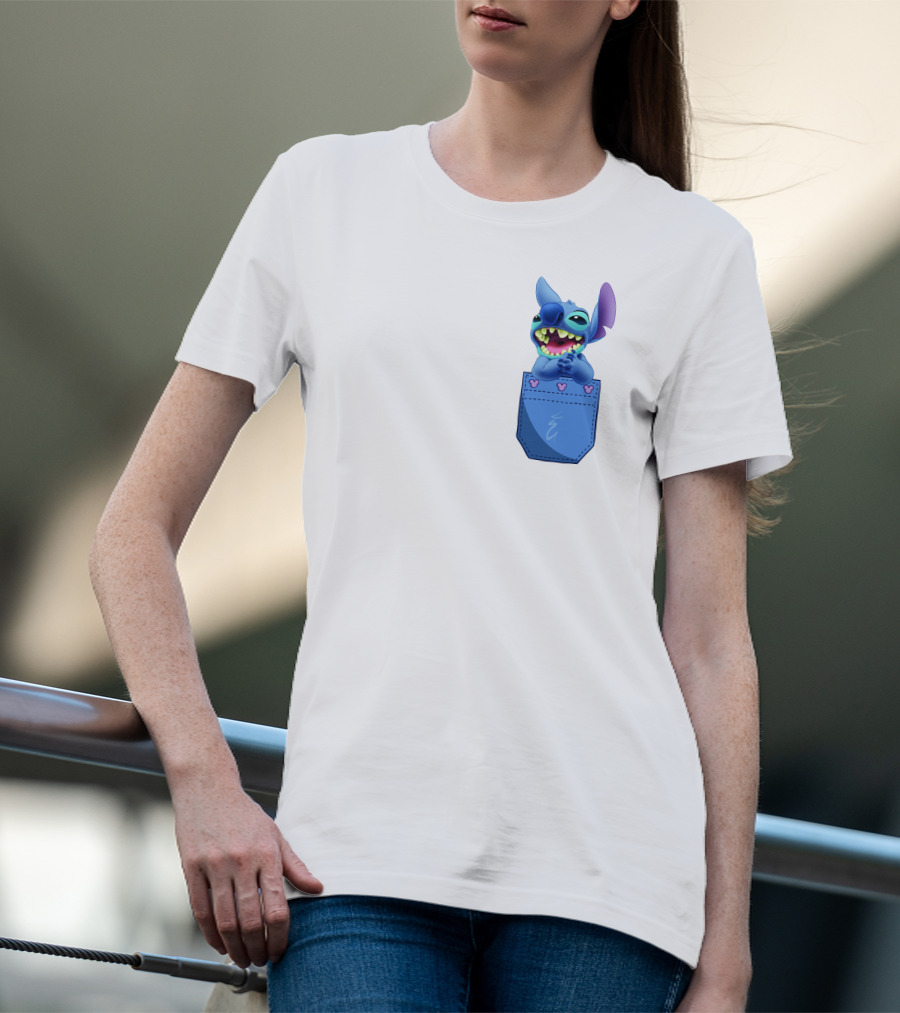 Stitch Pocket Smiling Face With Purple Ears T-Shirt