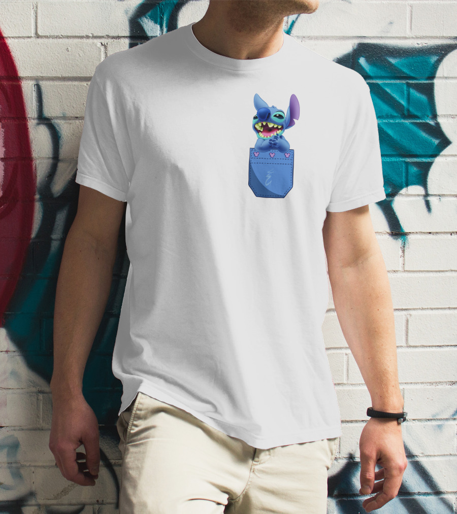 Stitch Pocket Smiling Face With Purple Ears T-Shirt