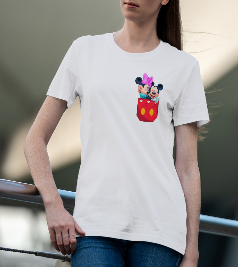 Mickey Mouse And Minnie Mouse In Red Pocket With Hearts And Bow T-Shirt