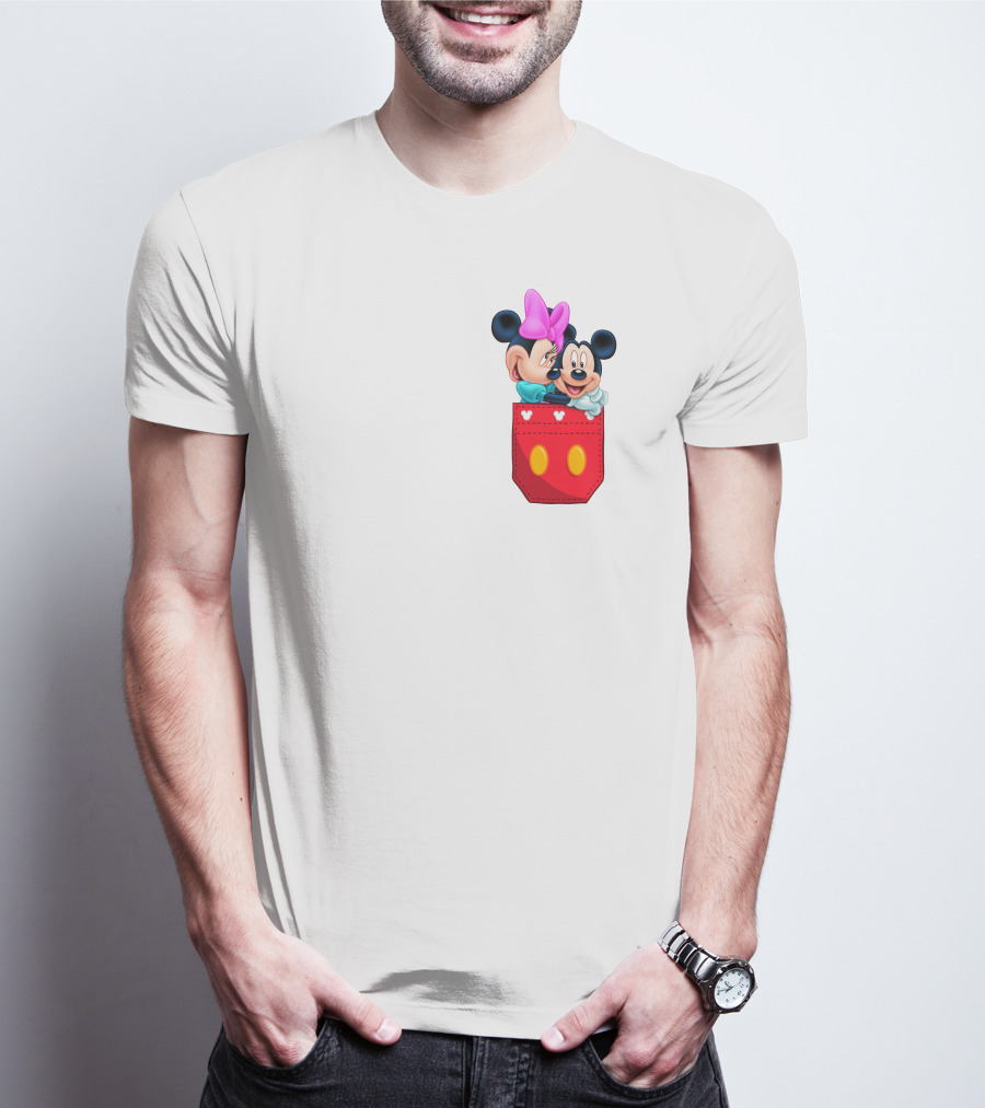 Mickey Mouse And Minnie Mouse In Red Pocket With Hearts And Bow T-Shirt