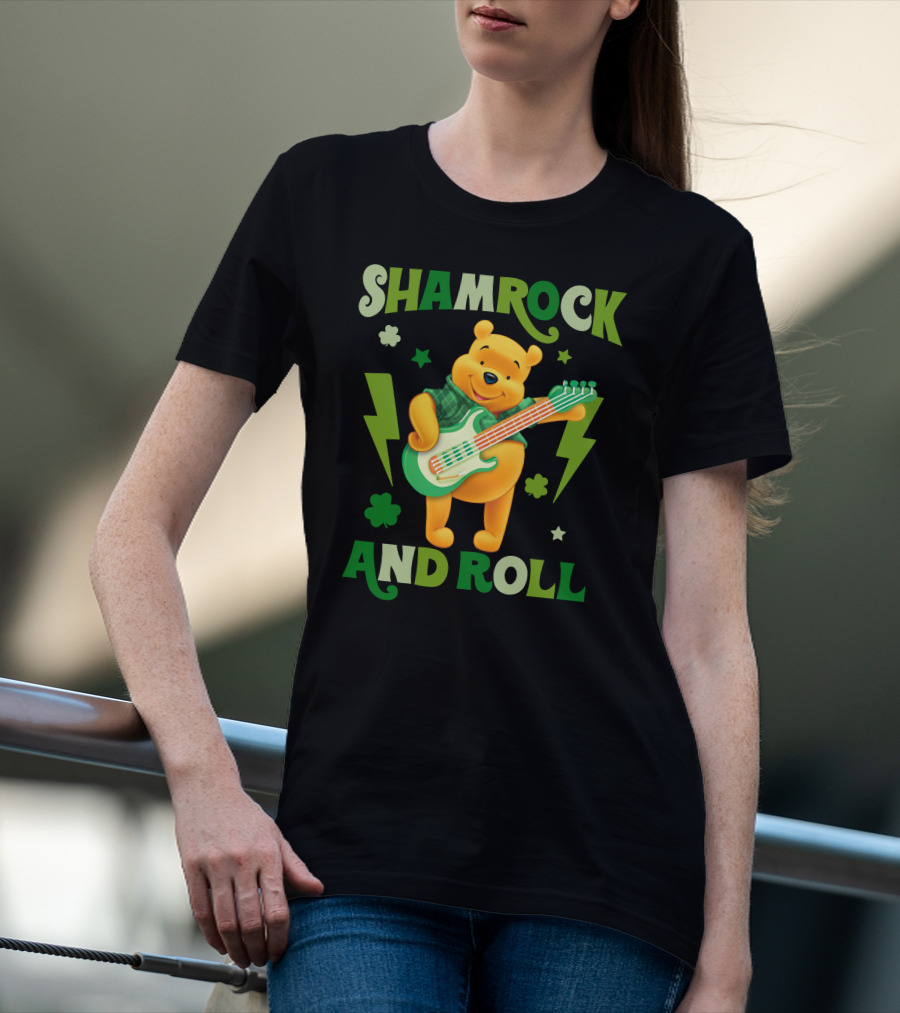 Shamrock And Roll Pooh Bear With Guitar And Green Lightning Bolts T-Shirt
