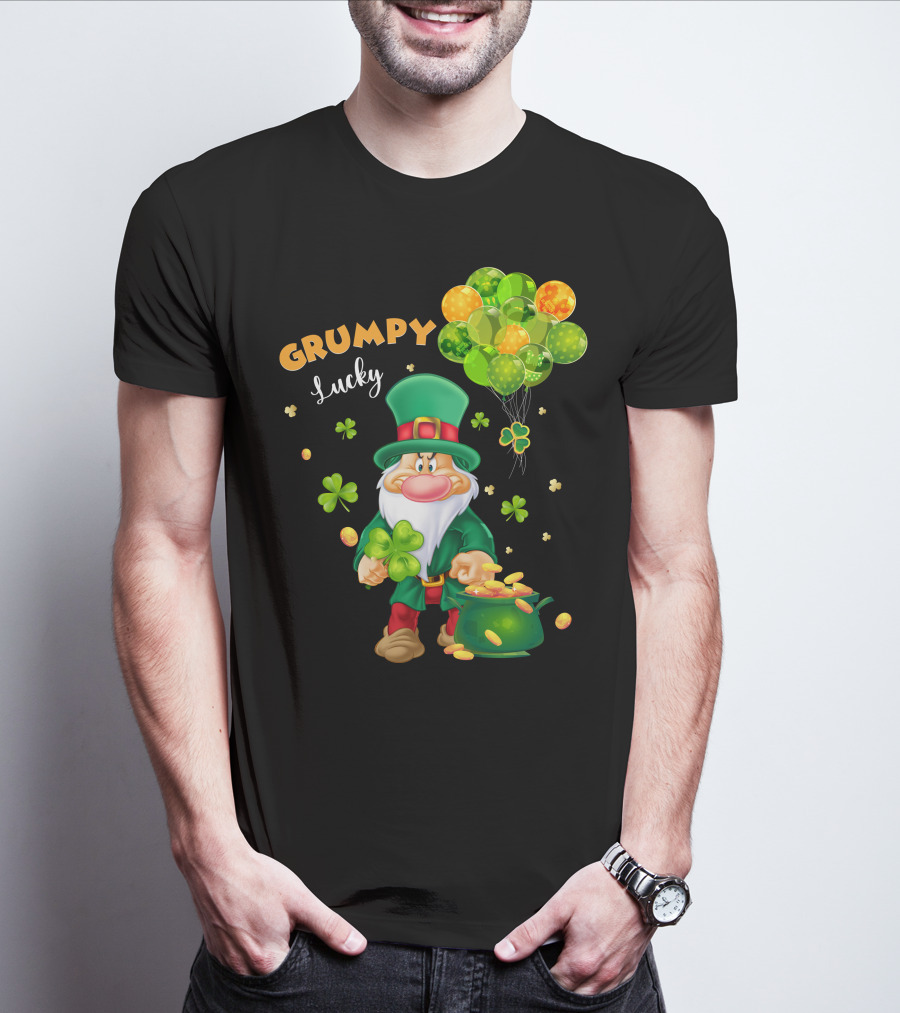 Grumpy Lucky Leprechaun With Shamrocks And Gold Coins T-Shirt