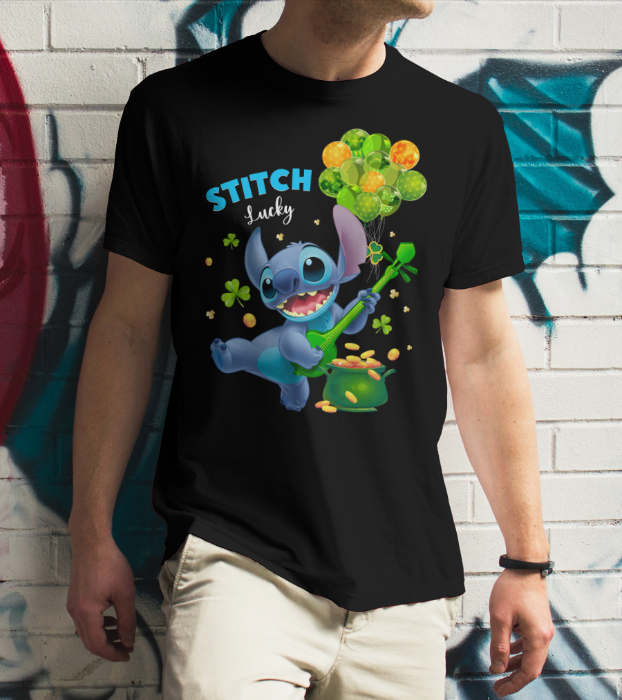 Stitch Lucky Balloons And Shamrock Celebration T-Shirt