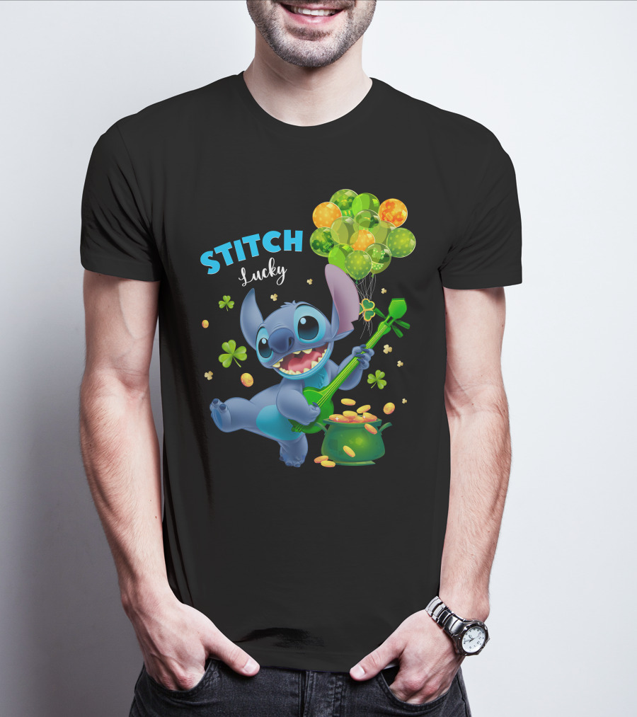 Stitch Lucky Balloons And Shamrock Celebration T-Shirt
