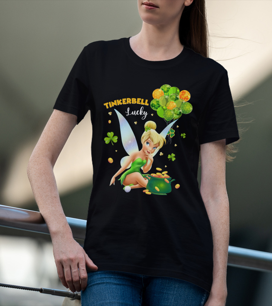 Tinkerbell Lucky Balloons And Clover With Pot Of Gold T-Shirt