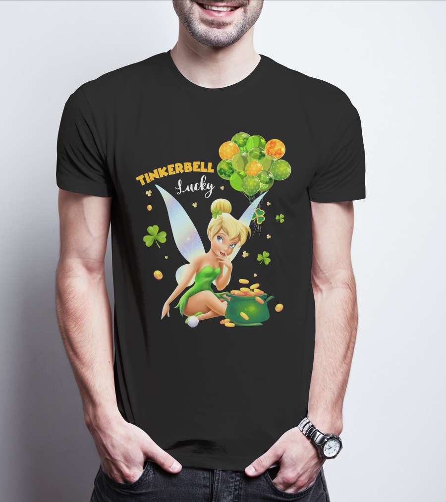 Tinkerbell Lucky Balloons And Clover With Pot Of Gold T-Shirt