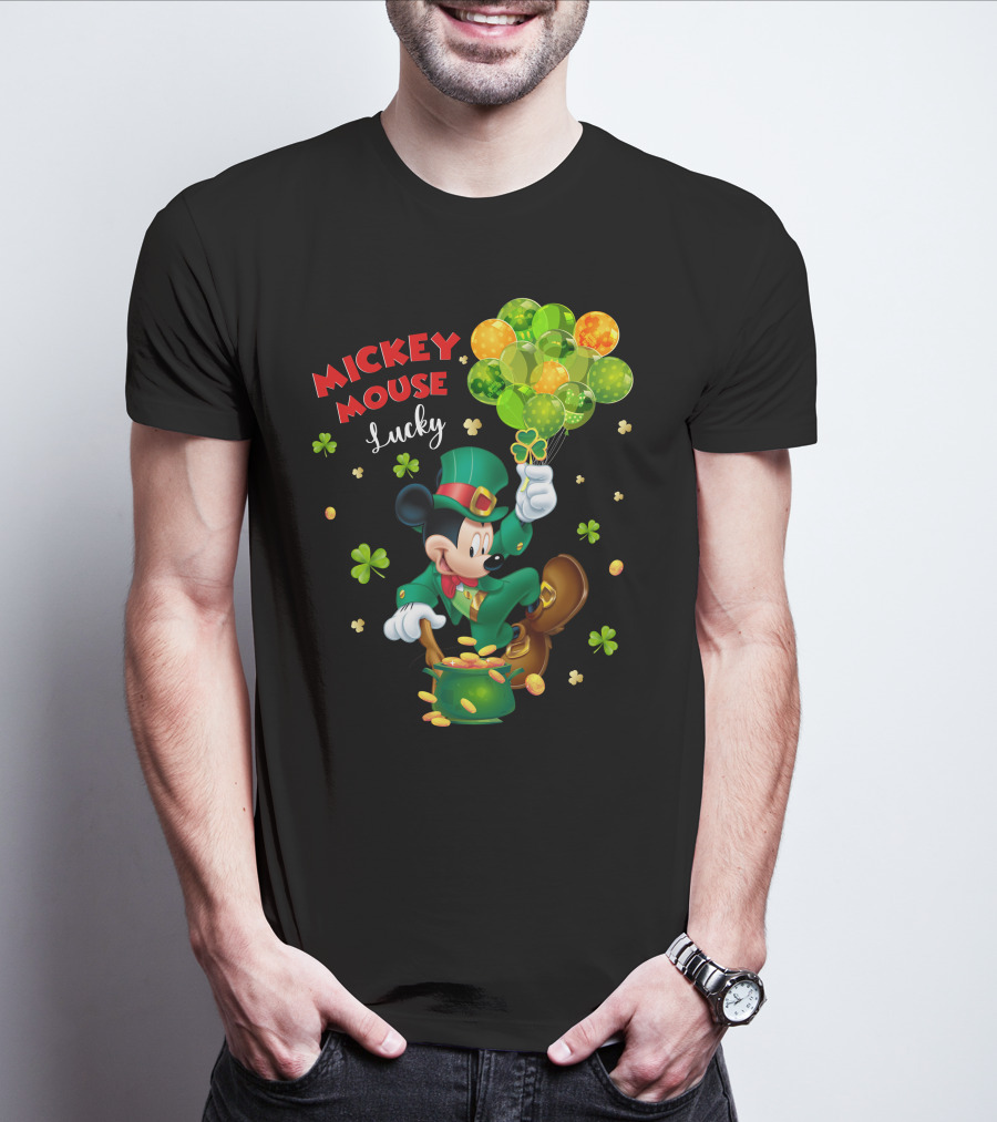 Mickey Mouse Lucky Shamrock Balloons Leprechaun Coins T-Shirt