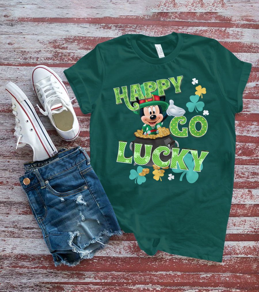 Happy Go Lucky Minnie Mouse Shamrock Pot Of Gold T-Shirt