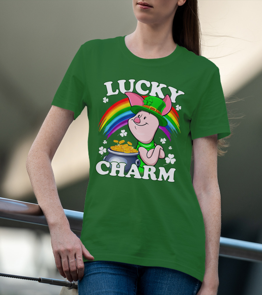 Lucky Charm With Piglet In Leprechaun Hat And Rainbow T-Shirt