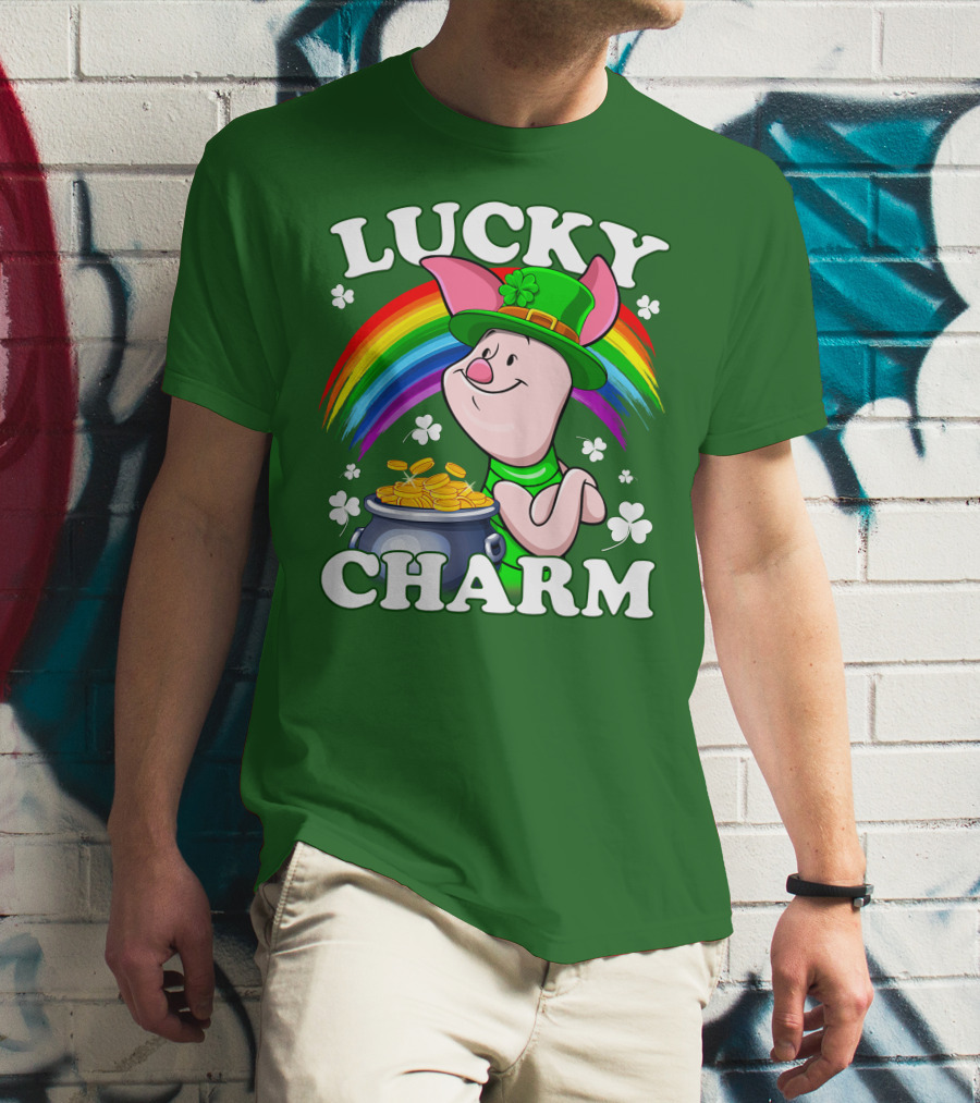 Lucky Charm With Piglet In Leprechaun Hat And Rainbow T-Shirt