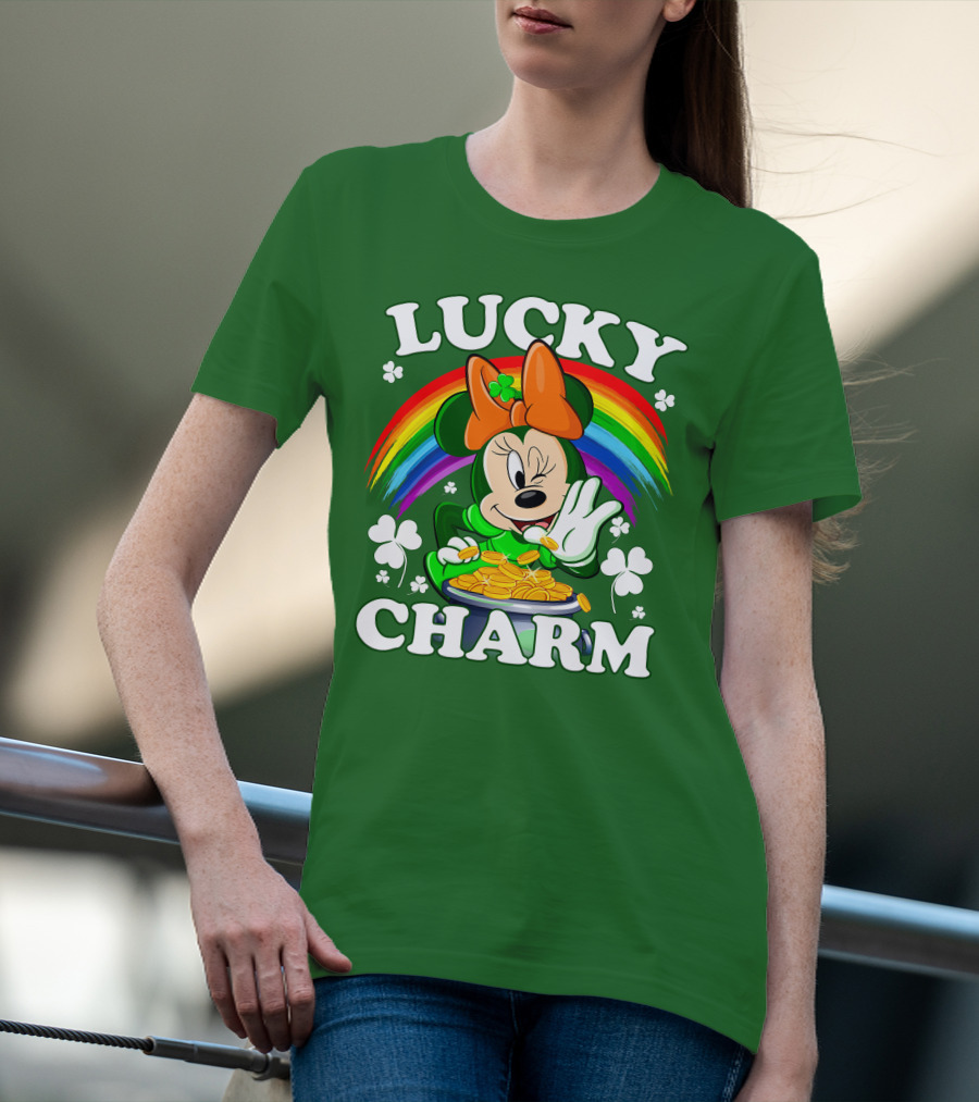 Lucky Charm Rainbow Minnie With Pot Of Gold And Shamrocks T-Shirt