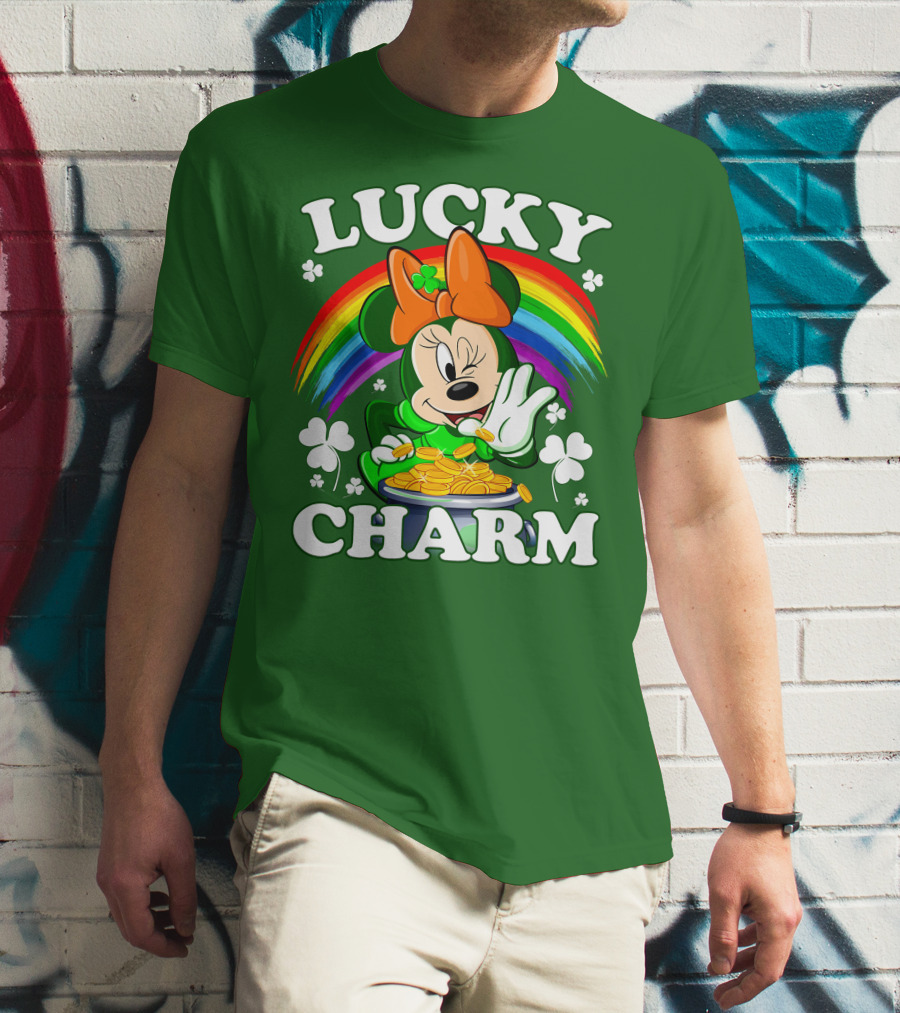 Lucky Charm Rainbow Minnie With Pot Of Gold And Shamrocks T-Shirt