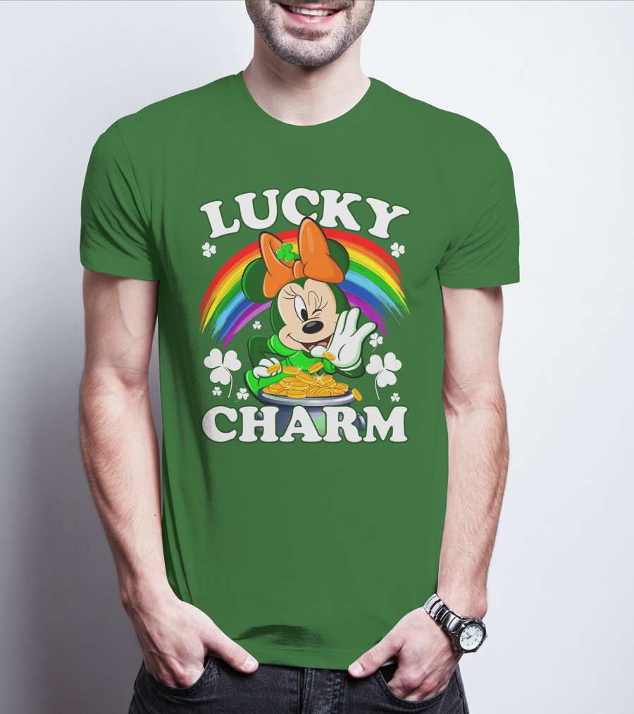 Lucky Charm Rainbow Minnie With Pot Of Gold And Shamrocks T-Shirt