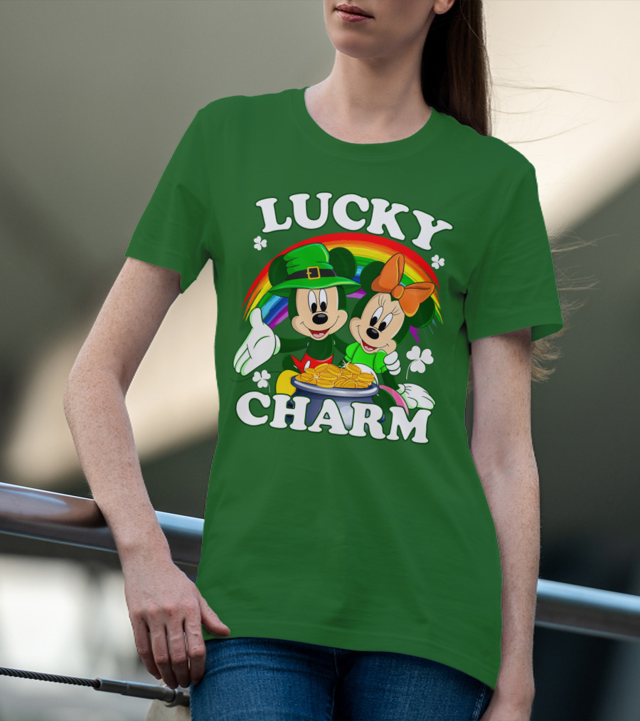 Lucky Charm Mickey And Minnie Rainbow Shamrock Coins T-Shirt