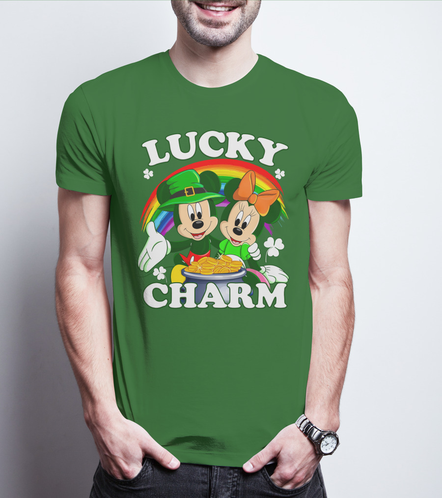 Lucky Charm Mickey And Minnie Rainbow Shamrock Coins T-Shirt