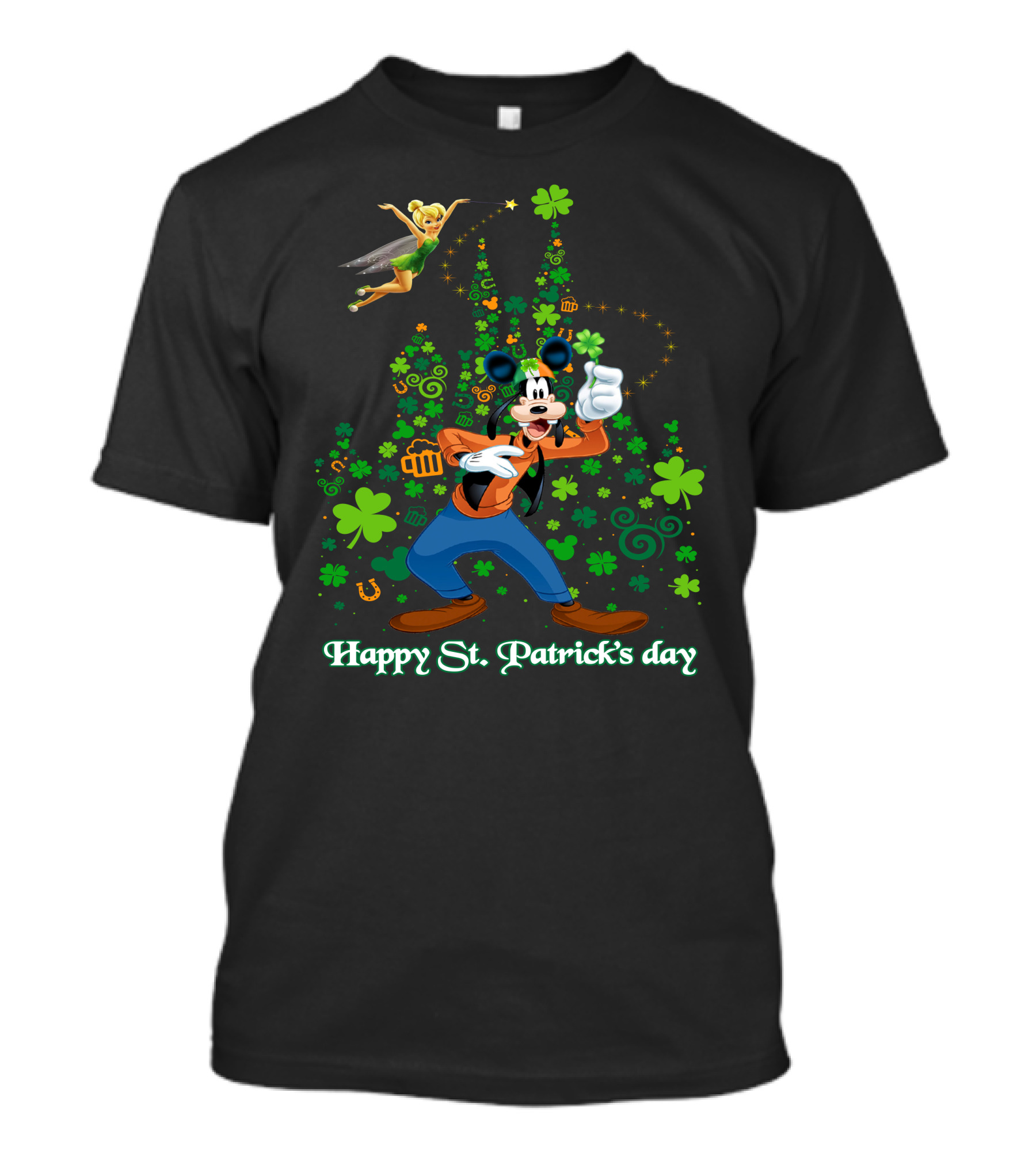 Goofy Happy St. Patrick's Day With Tinker Bell And Castle T-Shirt