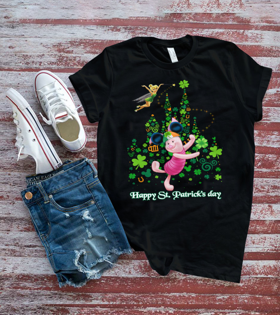 Happy St. Patrick's Day Piglet Tinker Bell Mickey Ears Shamrock Castle T-Shirt