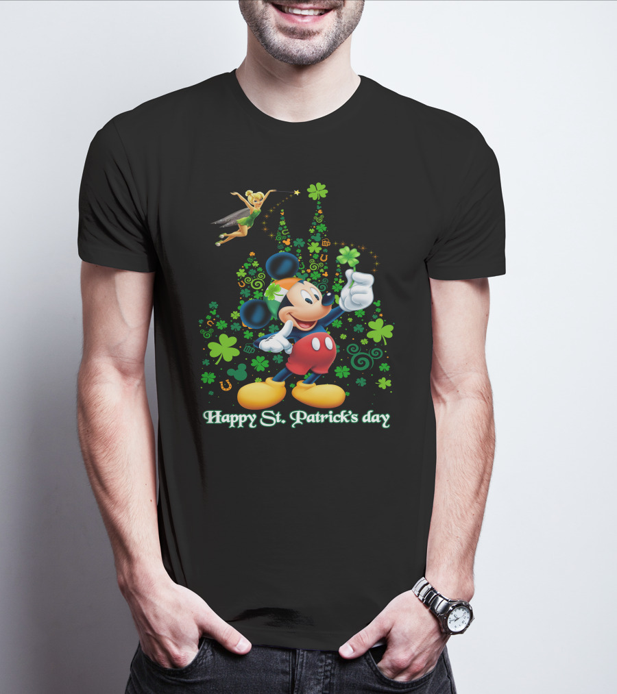 Mickey Happy St. Patrick's Day With Tinker Bell And Shamrocks T-Shirt