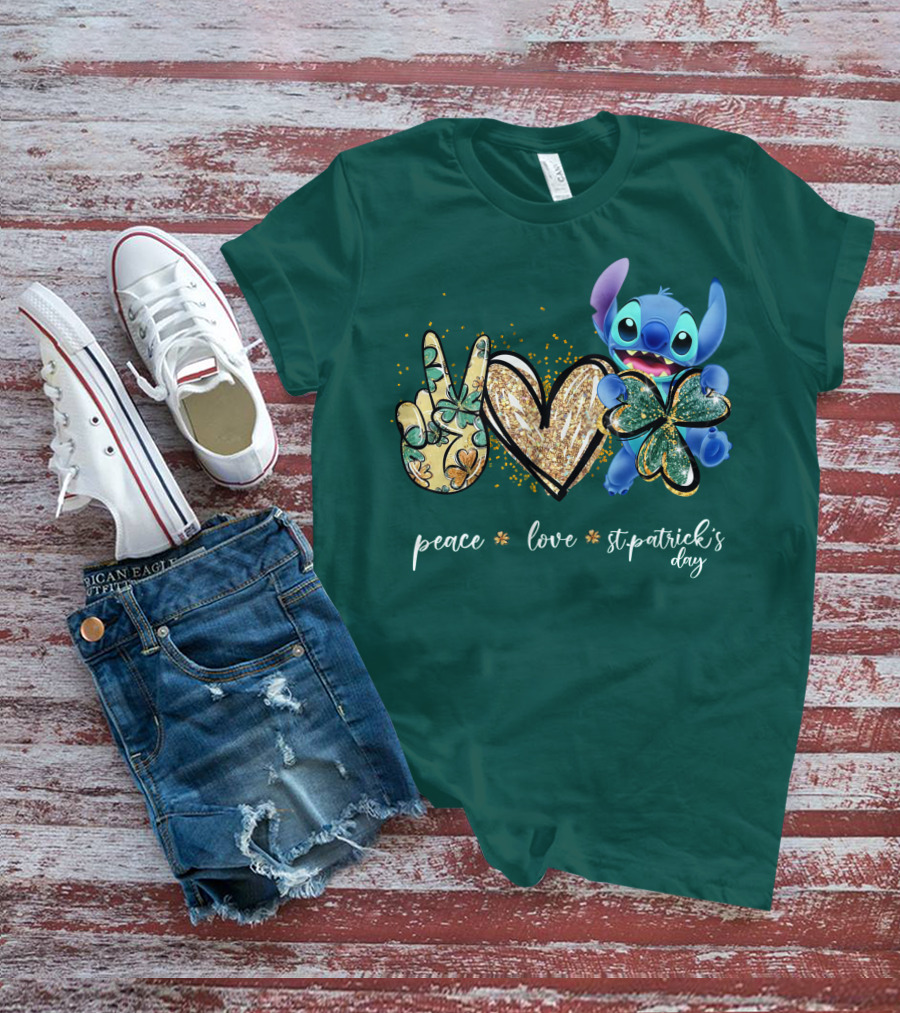 Peace Love St. Patrick's Day Stitch Shamrock Clover T-Shirt
