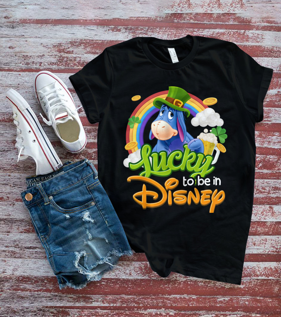 Eeyore Lucky To Be In Disney St. Patrick's Day Rainbow And Coins T-Shirt
