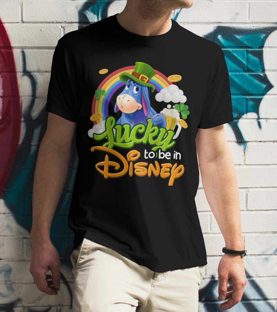 Eeyore Lucky To Be In Disney St. Patrick's Day Rainbow And Coins T-Shirt