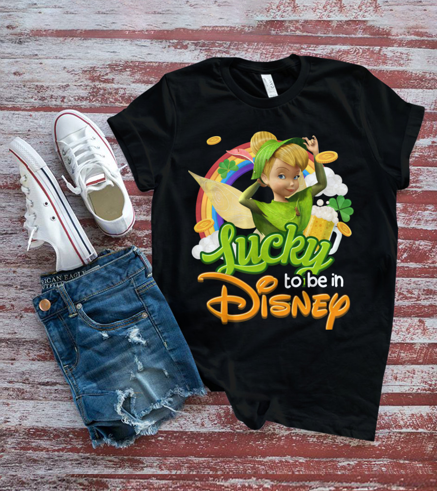 Lucky To Be In Disney Tinkerbell Rainbow Coins Shamrock T-Shirt
