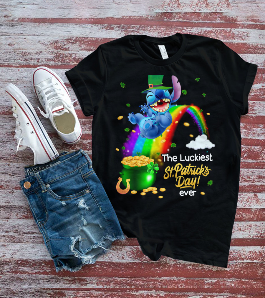 The Luckiest St. Patrick's Day Ever Stitch Rainbow Pot Of Gold T-Shirt