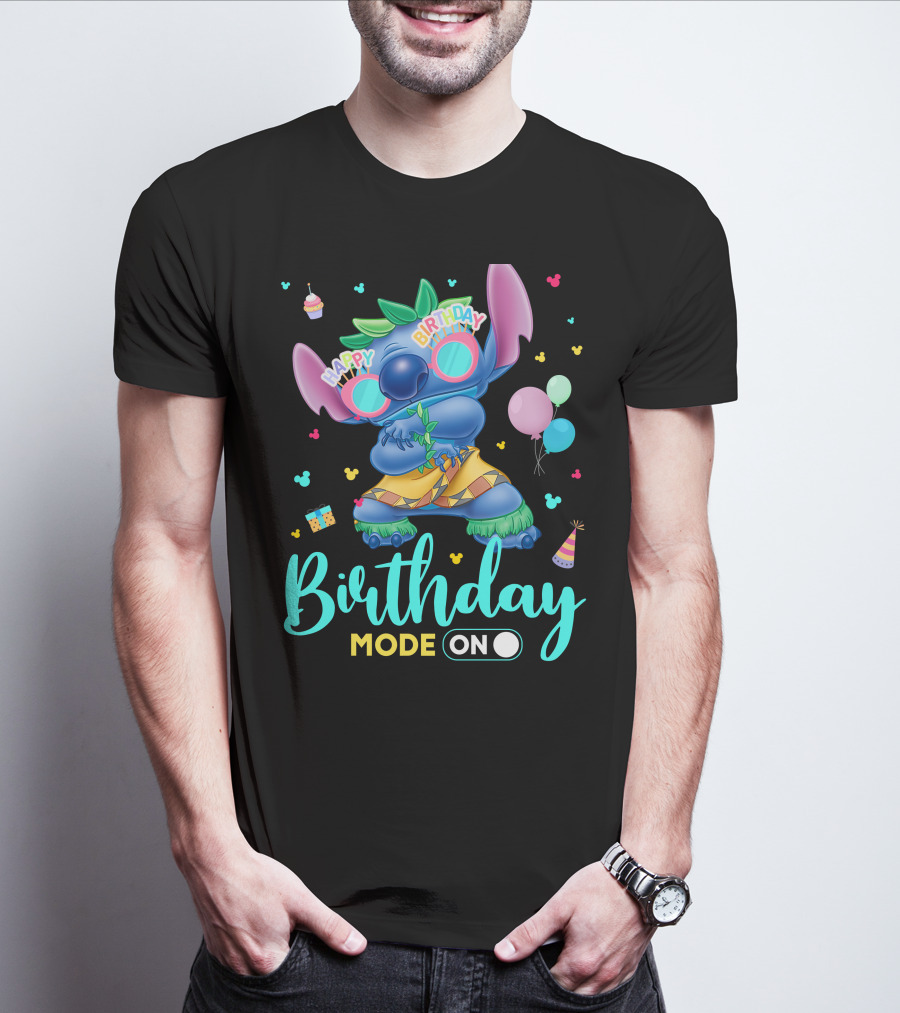Stitch Birthday Mode On With Balloons And Cupcake T-Shirt
