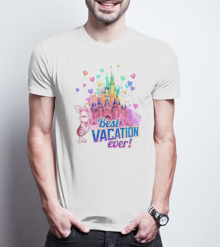 Piglet Best Vacation Ever Colorful Castle And Hearts T-Shirt