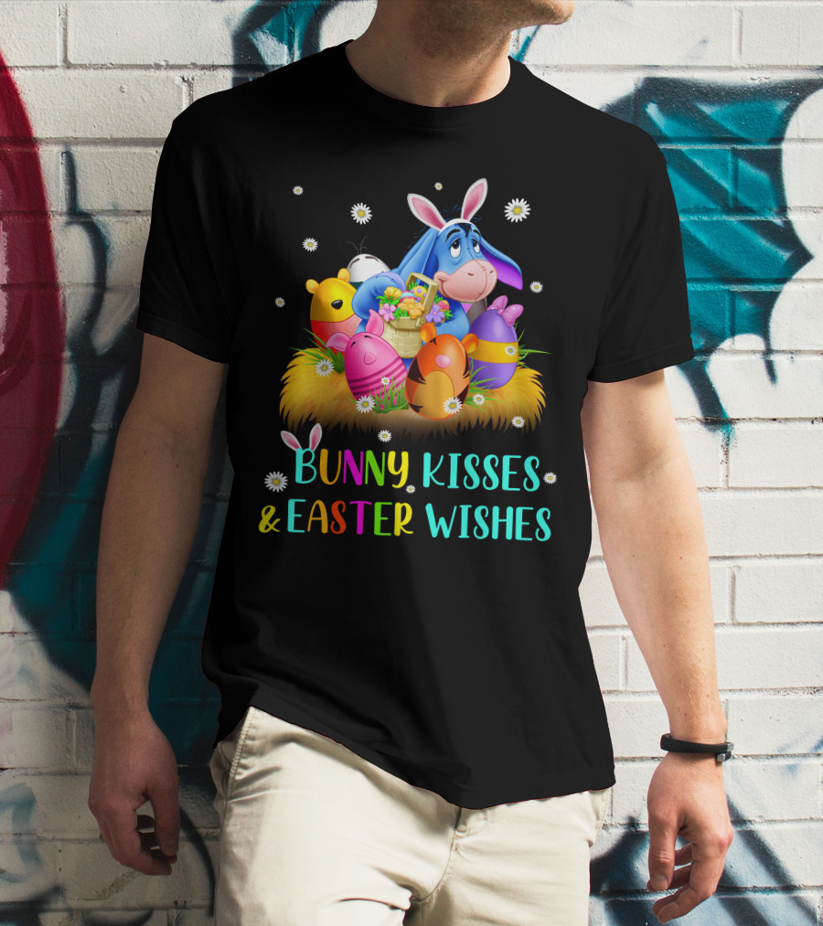 Bunny Kisses And Easter Wishes Eeyore Colorful Eggs Basket T-Shirt