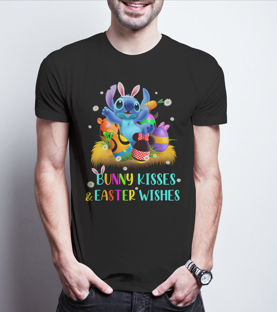 Bunny Kisses & Easter Wishes Stitch With Colorful Eggs And Spring Flowers T-Shirt