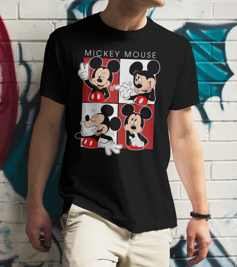 Mickey Mouse Expressive Poses Red And White Comic Panel T-Shirt