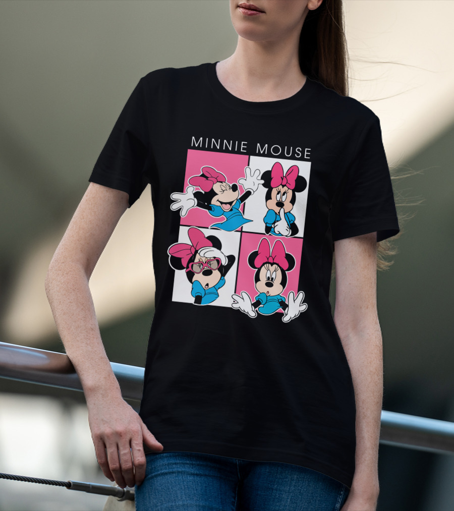Minnie Mouse Expressive Poses In Blue Dress And Pink Bows T-Shirt