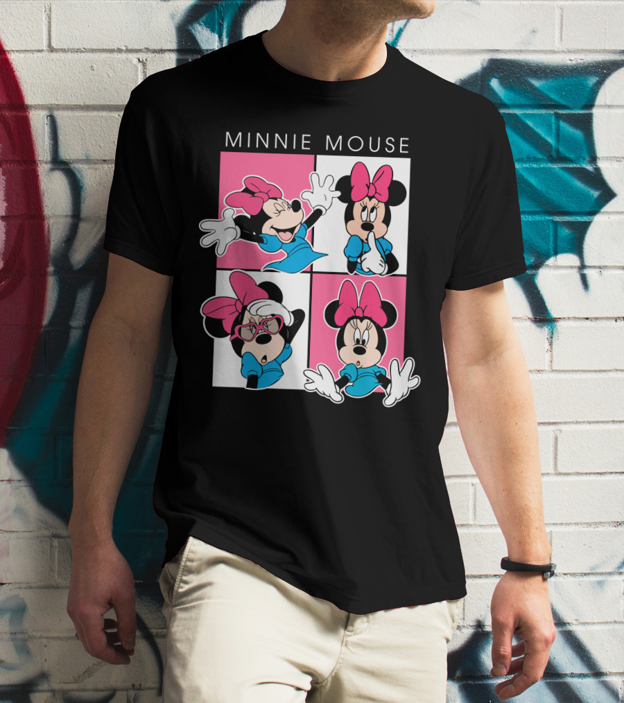 Minnie Mouse Expressive Poses In Blue Dress And Pink Bows T-Shirt