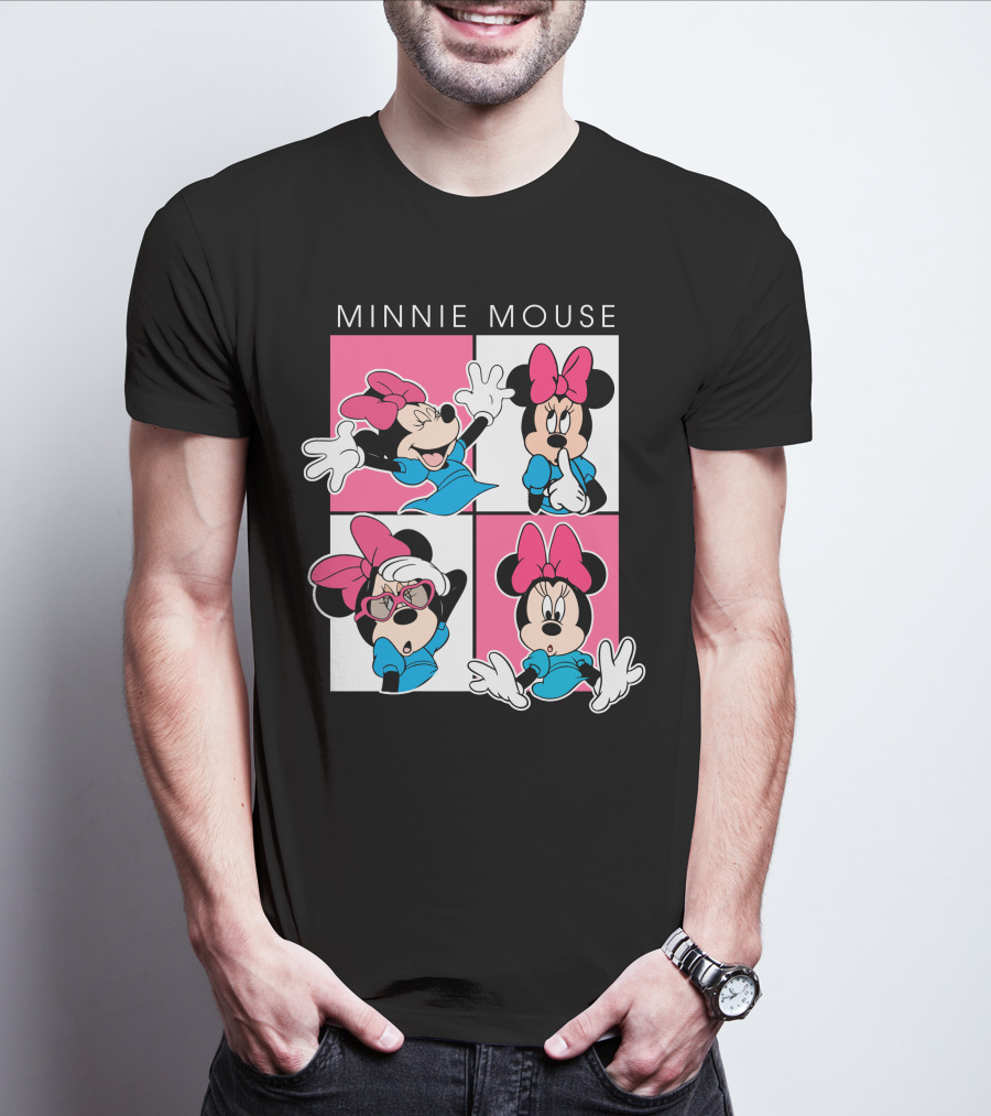 Minnie Mouse Expressive Poses In Blue Dress And Pink Bows T-Shirt