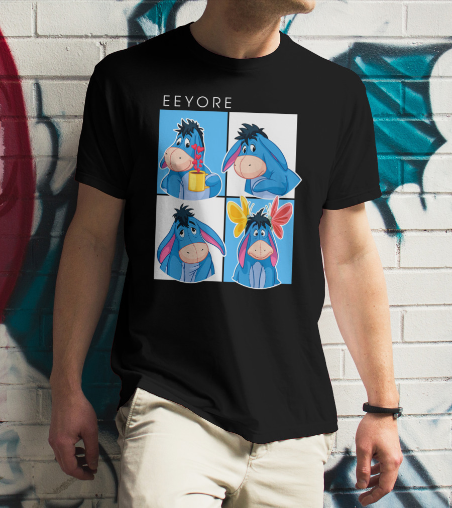 Eeyore Cartoon Expressions With Flowers And Mug T-Shirt