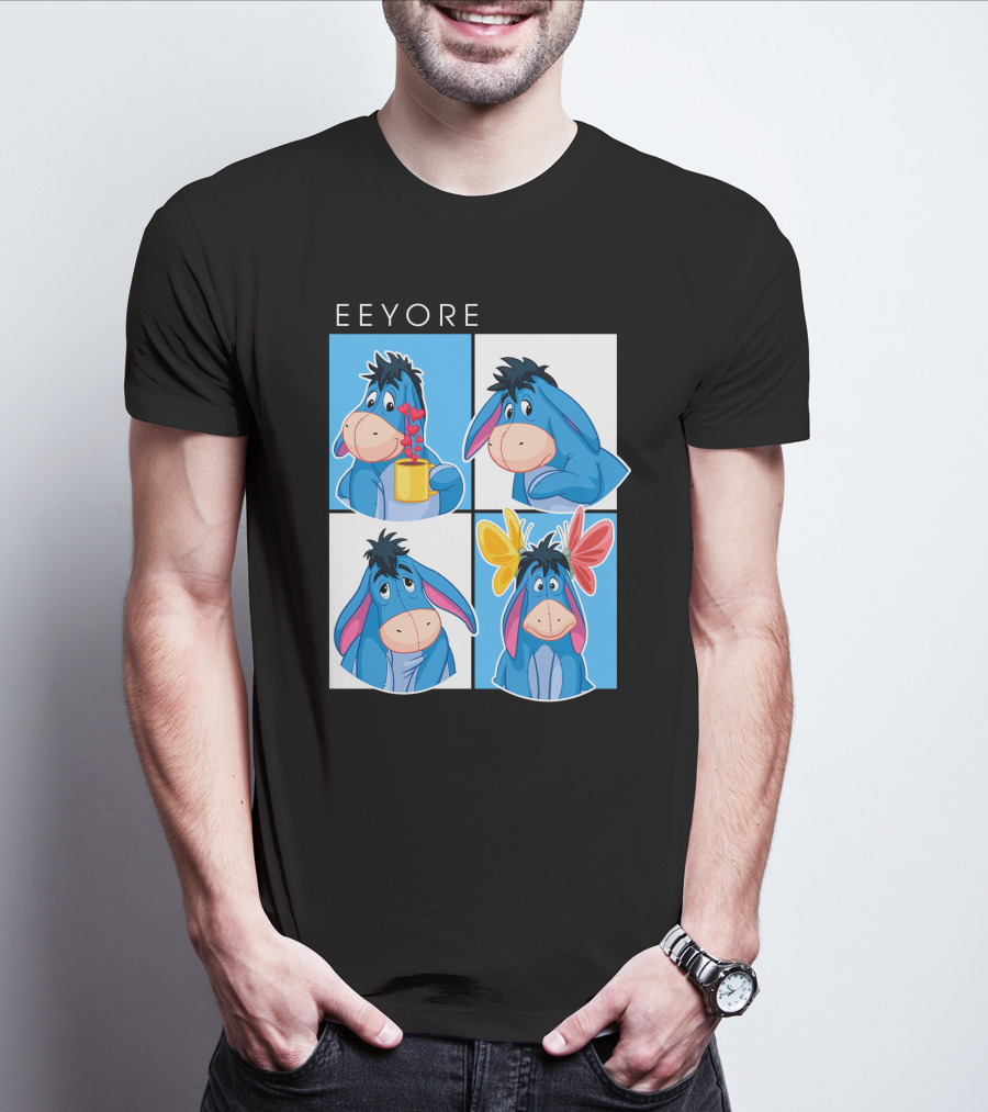 Eeyore Cartoon Expressions With Flowers And Mug T-Shirt