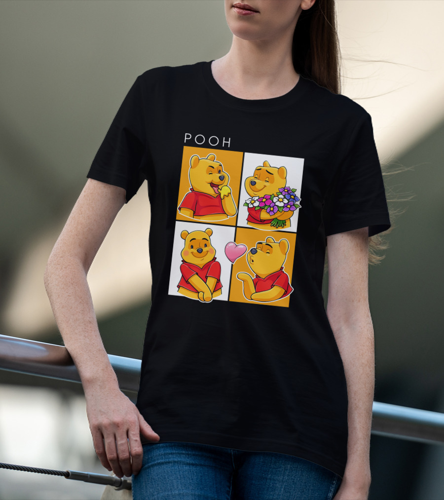 Pooh Cute Expressions And Flowers With Heart T-Shirt
