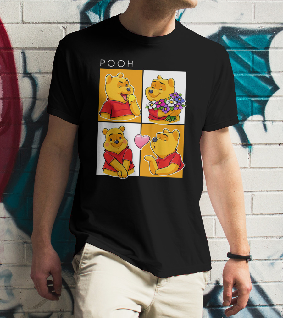 Pooh Cute Expressions And Flowers With Heart T-Shirt
