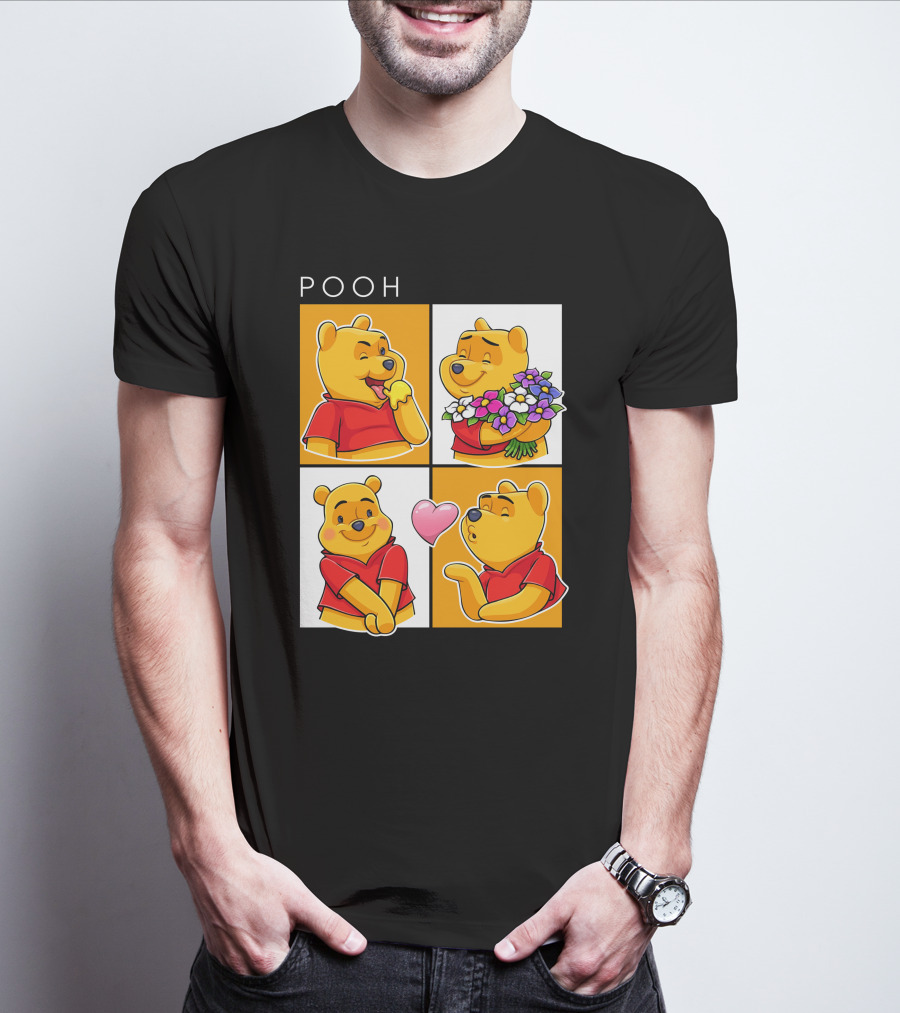 Pooh Cute Expressions And Flowers With Heart T-Shirt