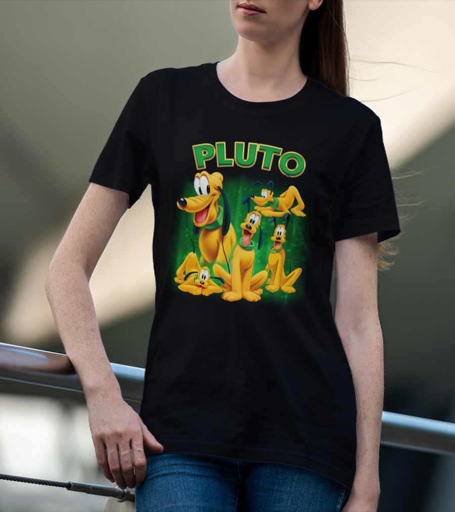 Pluto Classic Disney Character With Multiple Expressions On Green T-Shirt