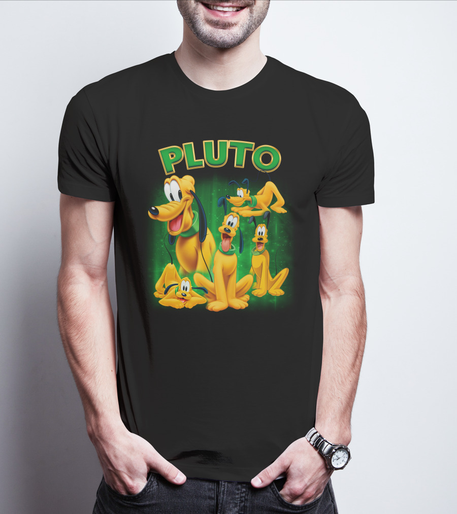 Pluto Classic Disney Character With Multiple Expressions On Green T-Shirt