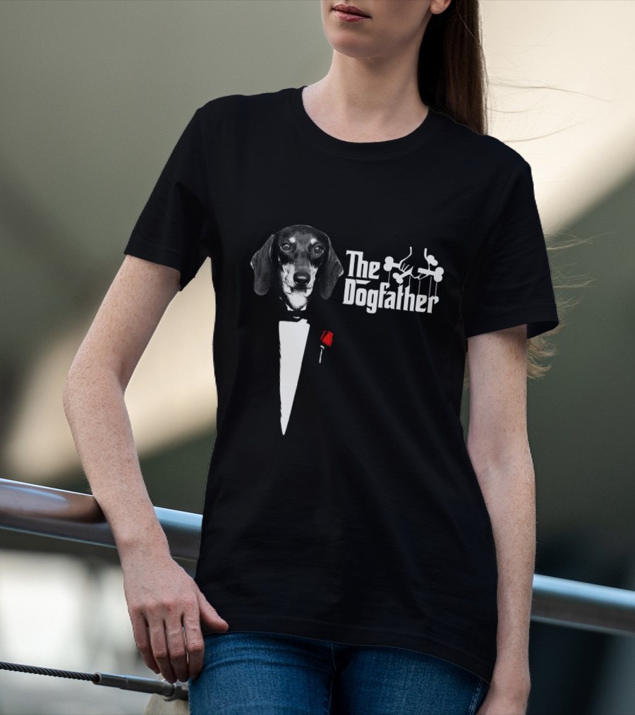 The Dogfather Dashund Tuxedo Rose Puppeteer T-Shirt