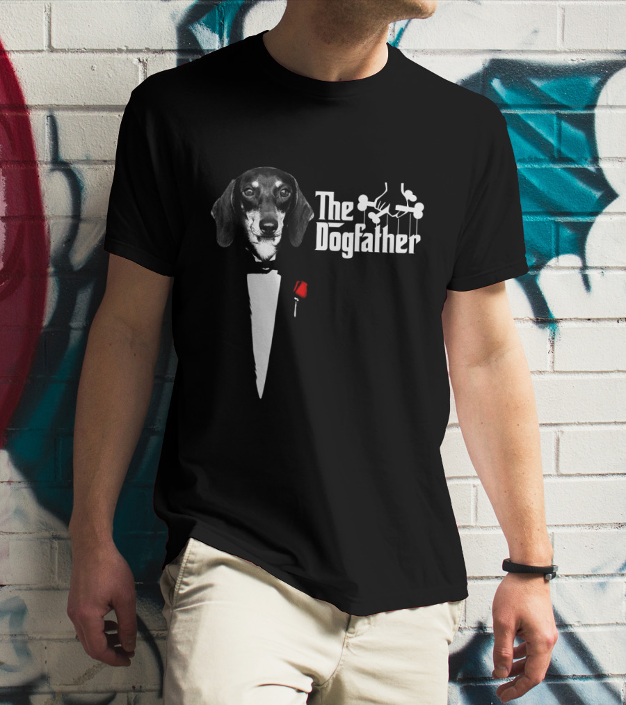 The Dogfather Dashund Tuxedo Rose Puppeteer T-Shirt