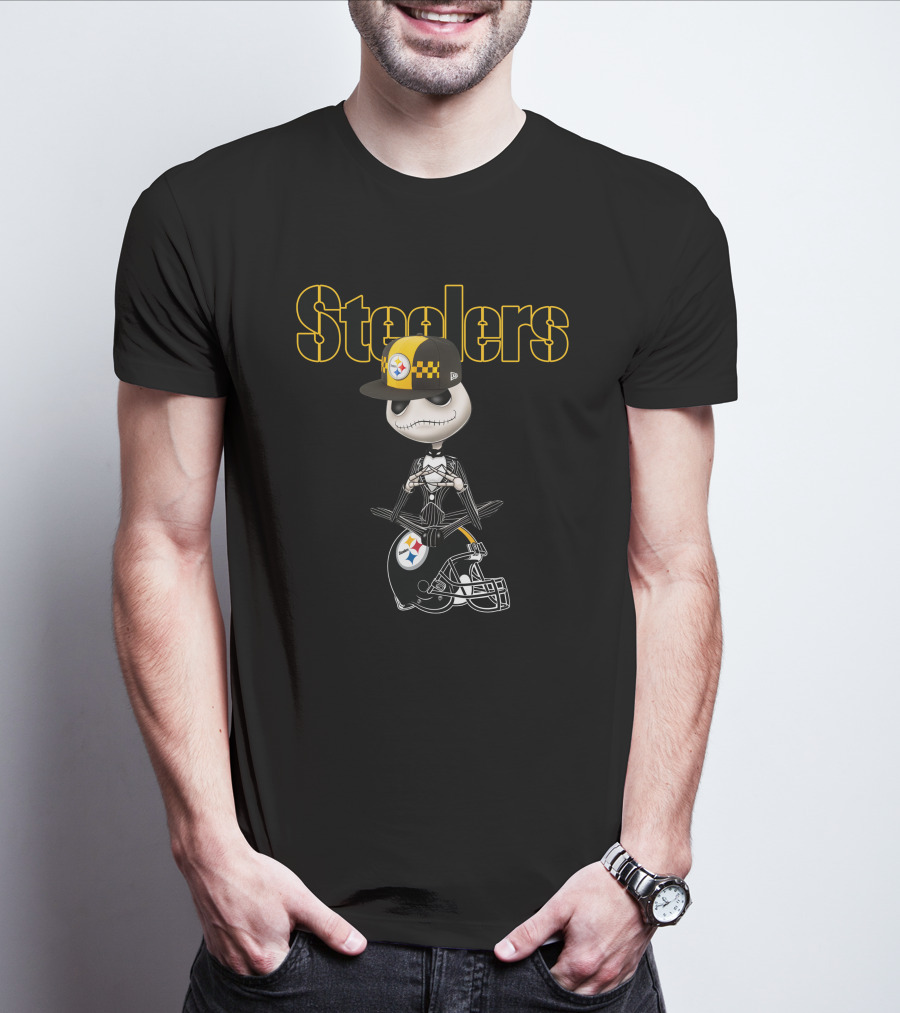 Steelers Jack Skellington With Pittsburgh Football Helmet And Cap T-Shirt