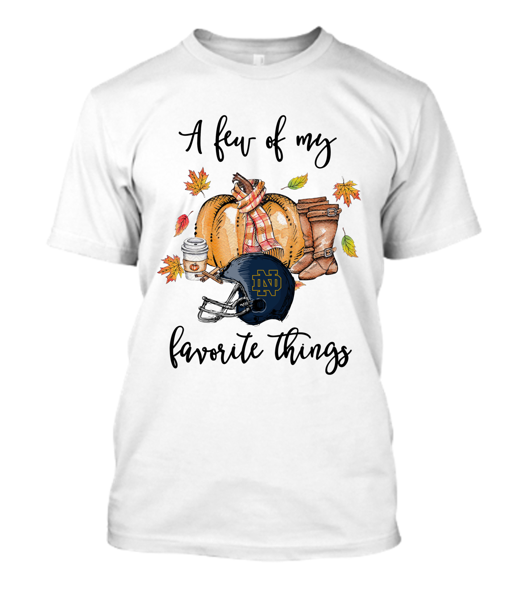 Notre Dame Fighting Irish Helmet Fall Favorites Pumpkin Boots Coffee Leaves T-Shirt