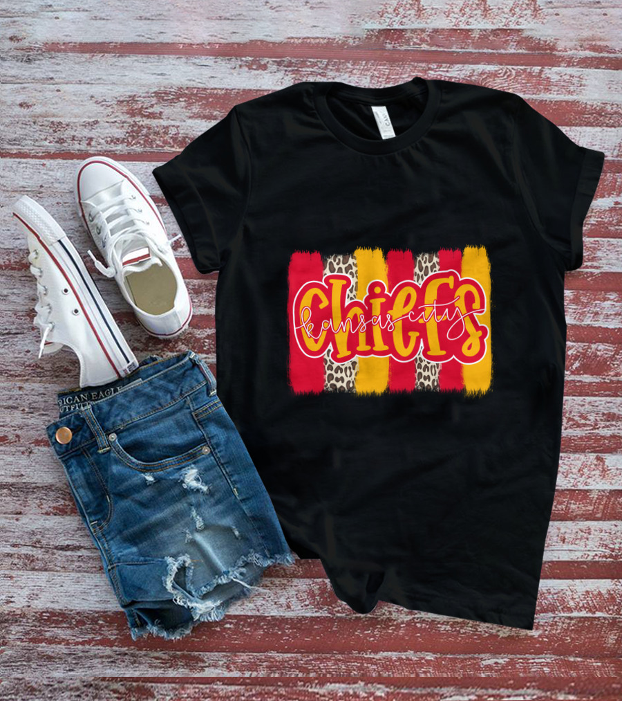 Kansas City Chiefs Handlettered Red Gold Leopard Stripes T-Shirt